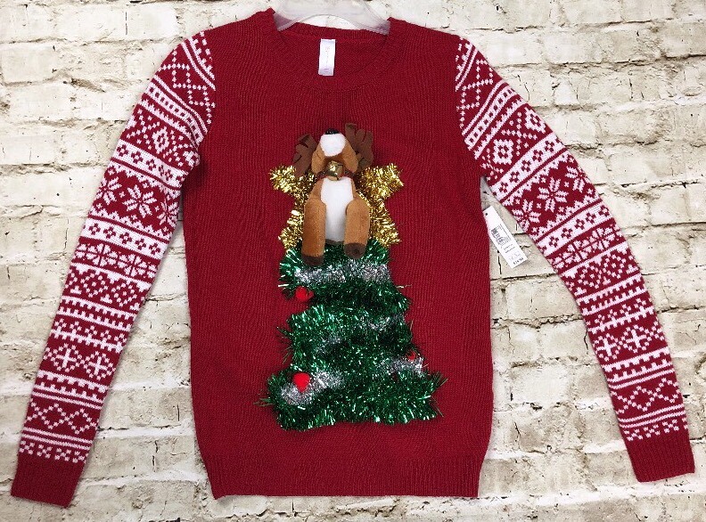 No Boundaries Red 3D Holiday Christmas Sweater Rudy Tree Women's