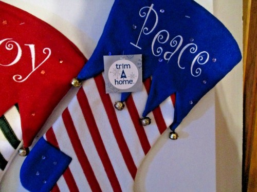 Trim A Home set of 2 Peace Joy bells red/white/green/blue stockings NWT - Picture 3 of 3