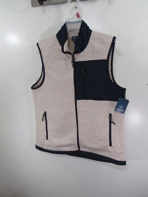 New Mens George Sweater Fleece Vest Size S Tan Blue  Open Zipper Front Pockets