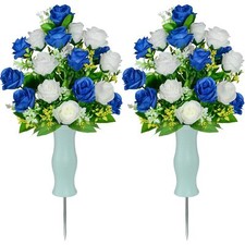 Artificial Cemetery Flowers with Vase Blue Headstone Roses Memorial Set of 2
