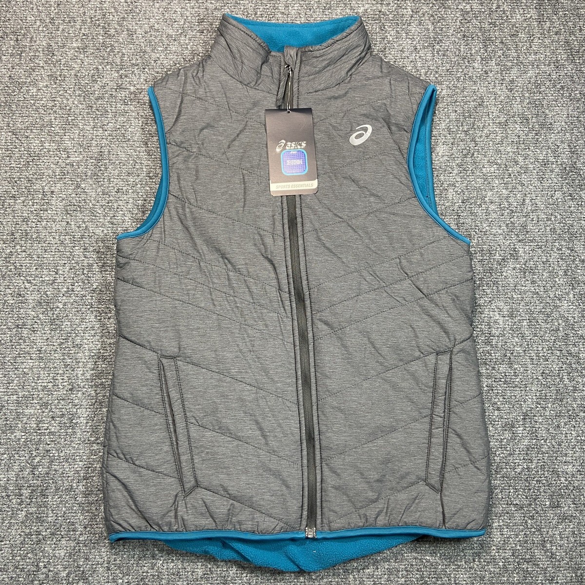 NEW ASICS Vest Womens Small Grey Blue Reversible Quilted Pockets