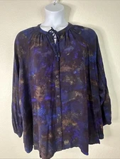 Terra & Sky Womens Plus Size 4X Indigo Watercolor Button-Up Shirt Long Sleeve