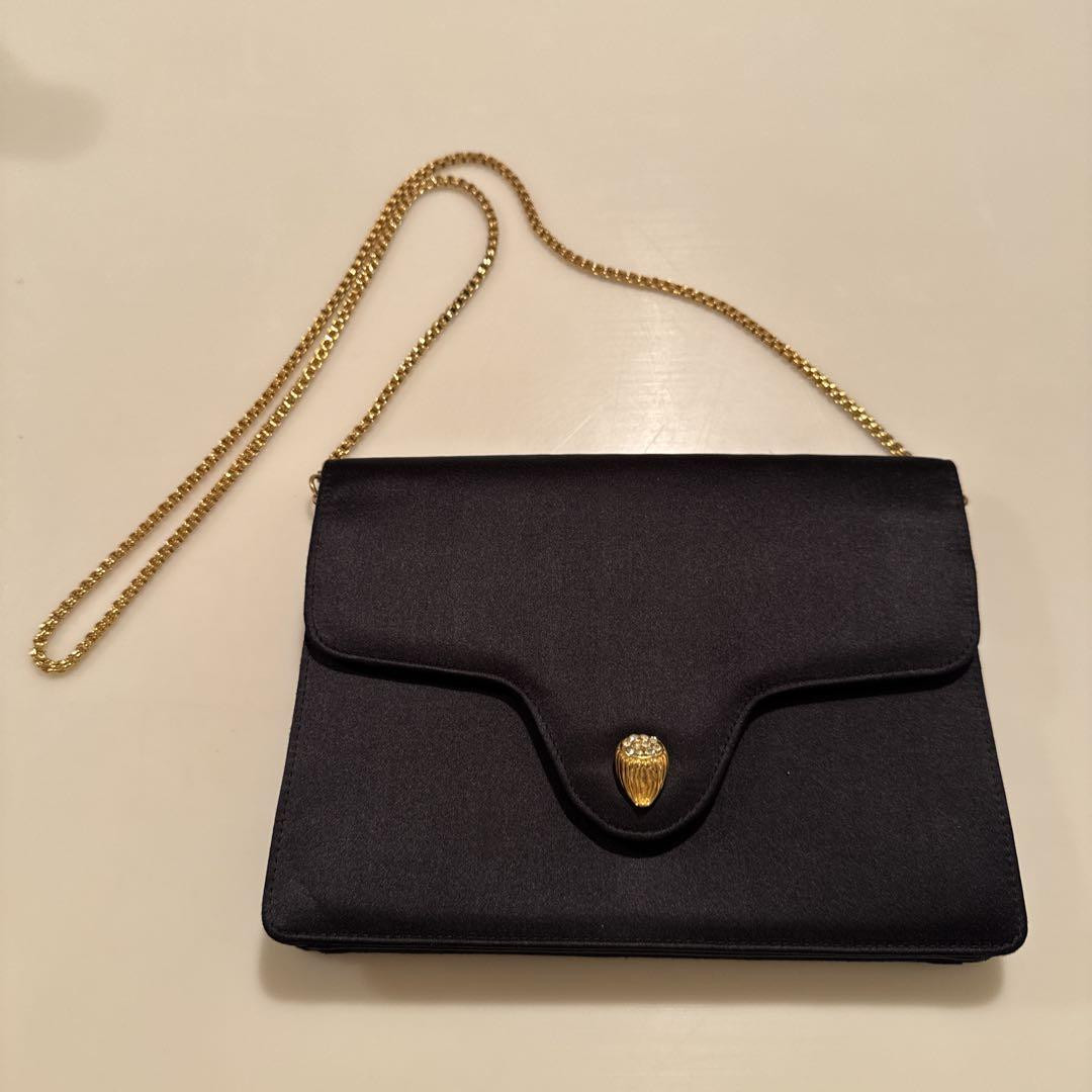 Gucci Black Satin Shoulder Bag with Gold Accents Convertible to Clutch