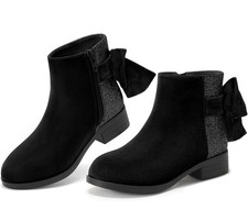 Girls Suede Black Ankle Bootie Bow Round Toe Low Block Heel Size 9