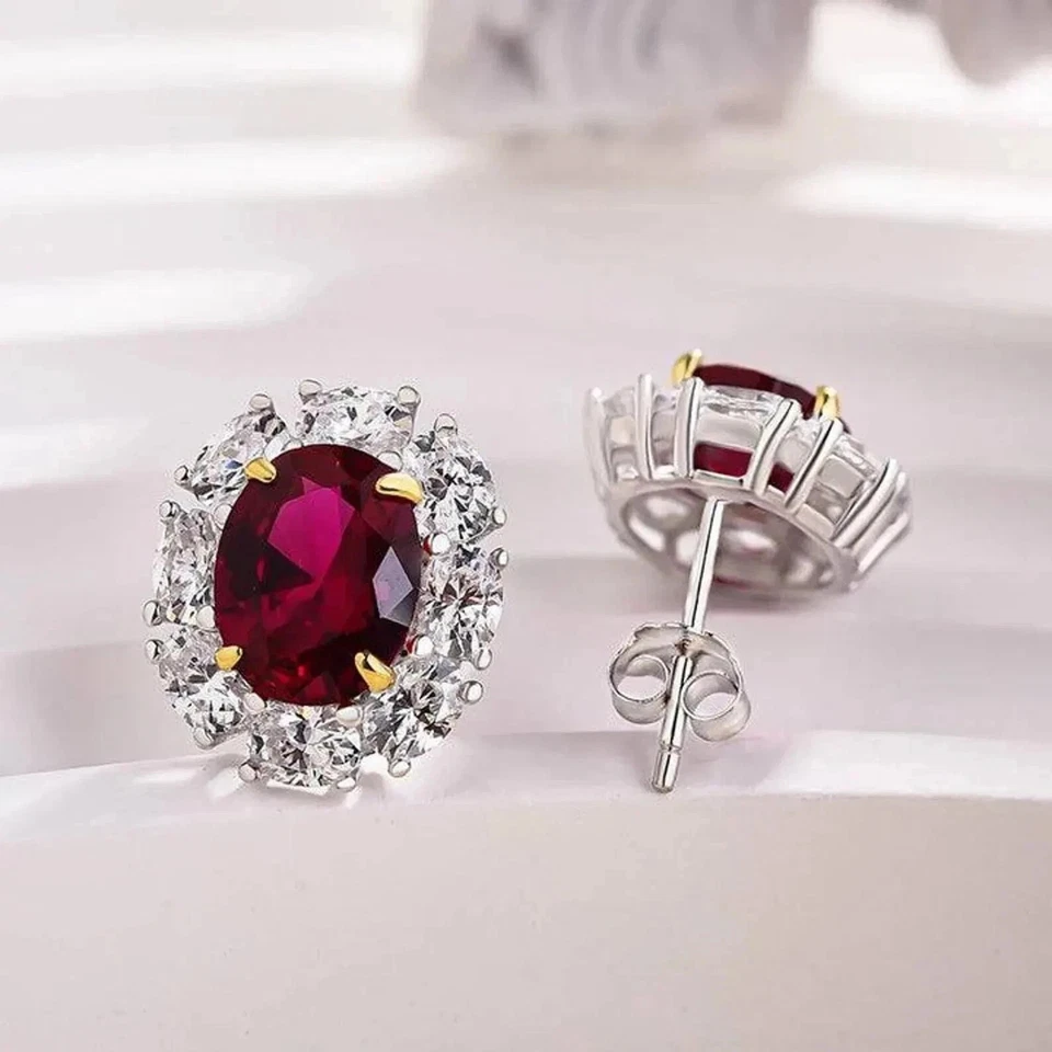 14K White Gold Oval Cut 5.00 Ct Natural Red Ruby & Diamond Lovely Earrings - Image 4 of 4