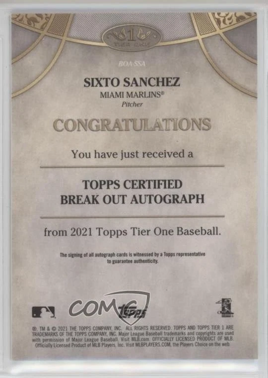 2021 Topps Tier One Break Out Silver Ink /25 Sixto Sanchez Rookie Auto RC - Image 2 of 2