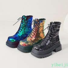 Womens Sequins Glitter Ankle Boots Platform Performance Thick Sole Shoes Fashion