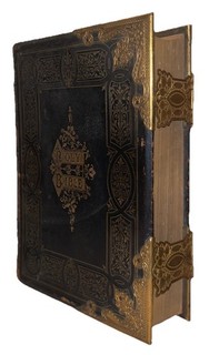 c.1871 BEAUTIFUL ANTIQUE HOLY BIBLE LEATHER w METAL CLASPS COLOR PLATES NR