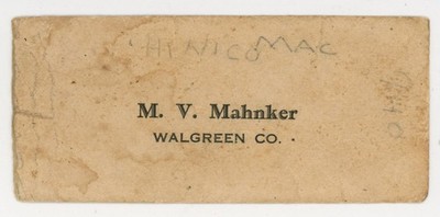 1920s-30s M.V. Mahnker Walgreen Co. Company Managers Business Card F208