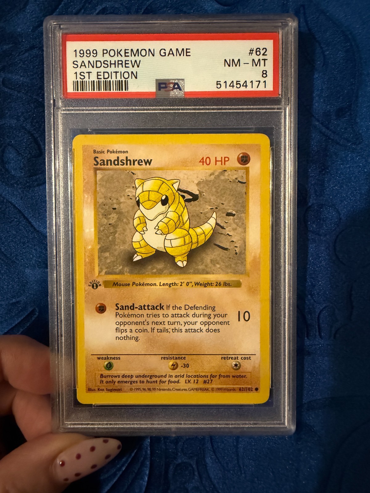 1999 Pokemon Game Sandshrew 1st Edition PSA 8 NM-MT Holo #62