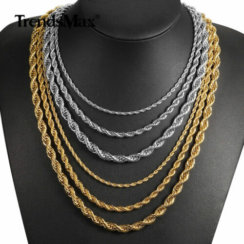 16"-30" Twisted Rope Chain Gold Plated Stainless Steel Link Necklace Men 3-7mm - Picture 1 of 18