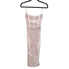 NOOKIE Mecca Midi Dress Womens M Ruched Sheath Bodice Mesh Chiffon Overlay White