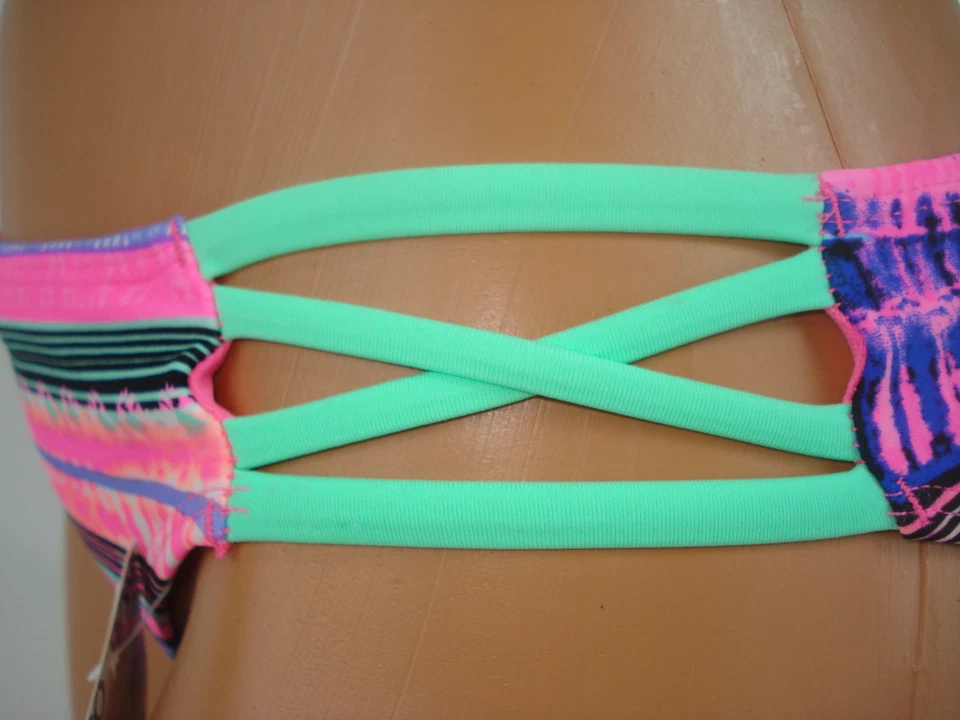 Bongo Swim Bikini Bottom Pink Green Strappy Striped Colorful - Image 4 of 4