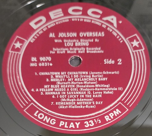 Al Jolson Overseas Vinyl LP Decca Records DL 9070 1959 Original MONO - Picture 5 of 7