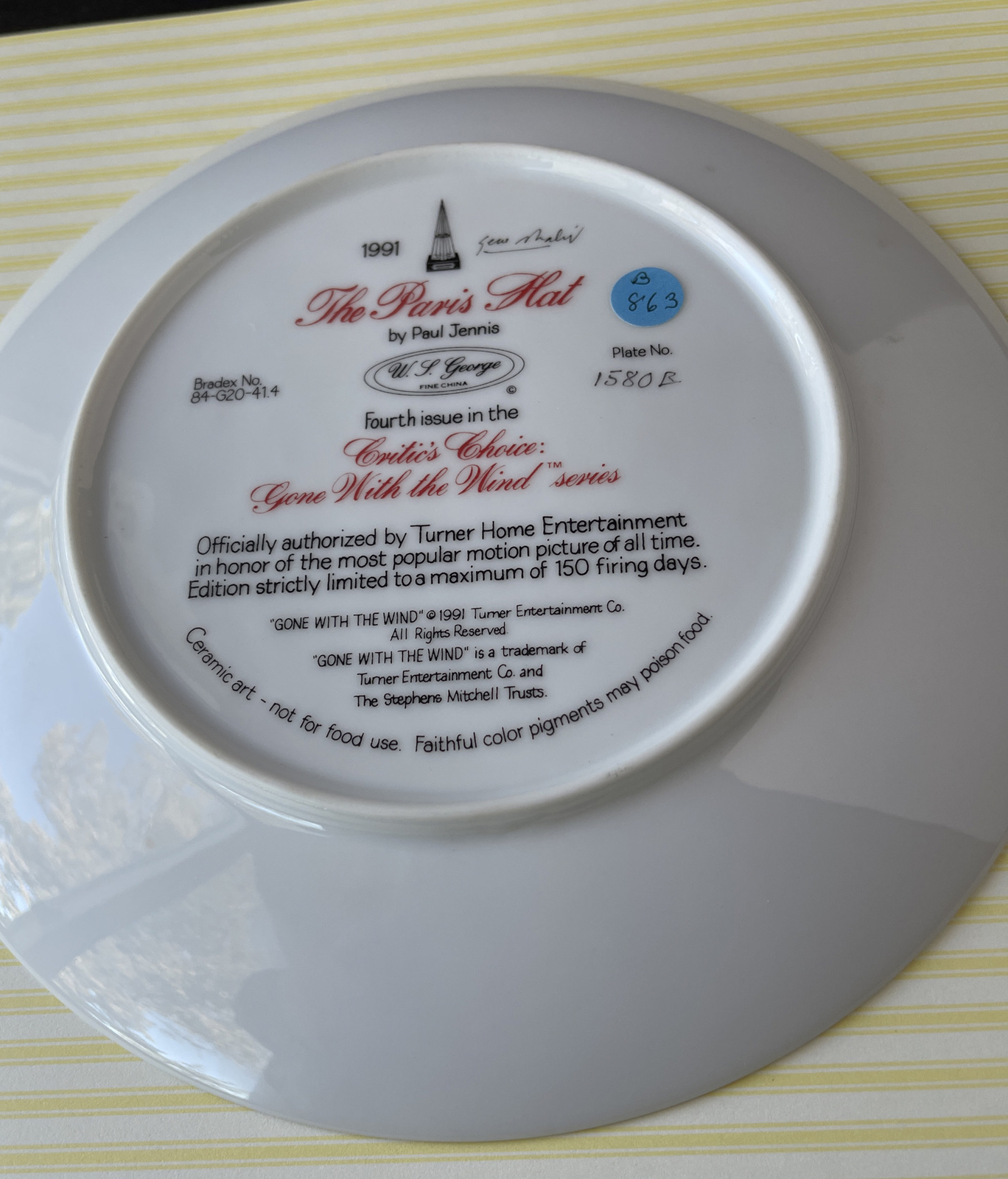 1991 SIGNED Paul Jennis “The Paris Hat” Gone w/ Wind W.J. George Plate (NO COA)