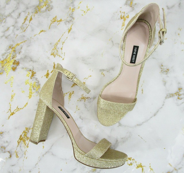 Nine West Gold Metallic Glitter Dempsey Ankle Strap Heels Pumps Size 11 Formal | eBay