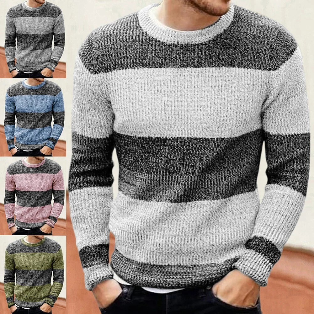 Classy Men s Striped Jumper Pullover Top Winter Crew Neck Long