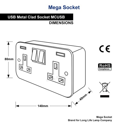 METAL CLAD 13 Amp Double 2 Gang USB Switched Electrical Wall Plug Socket MCUSB - Picture 5 of 15