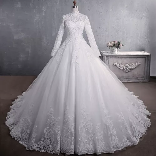 Bride Lace Wedding Dress Standing Collar Long Sleeve Trailing Bridal Frock Gown - Picture 1 of 9