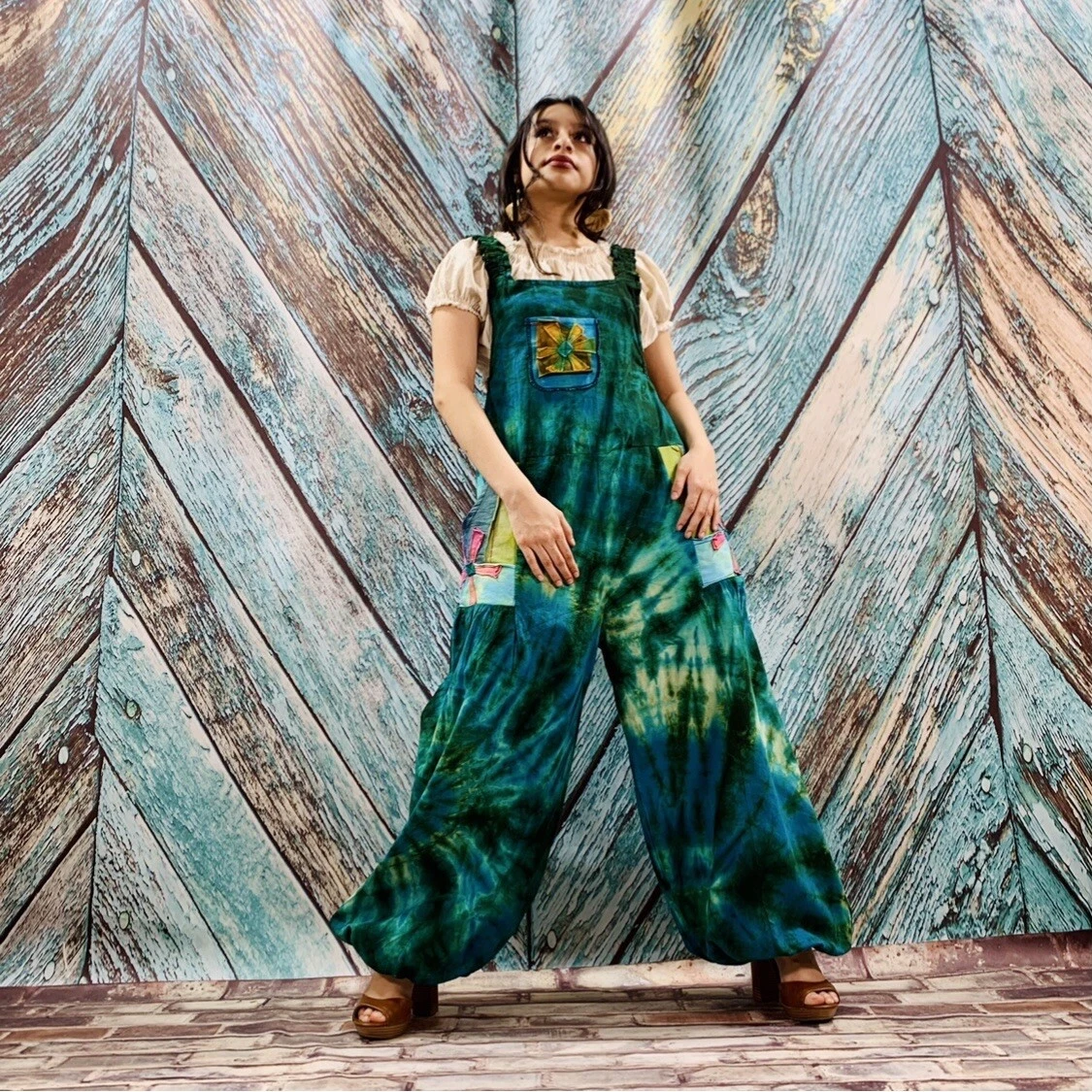 Hand Tiedye Boho Hippy Patchwork Overall Wide Leg Jumpsuit Jumper Romper