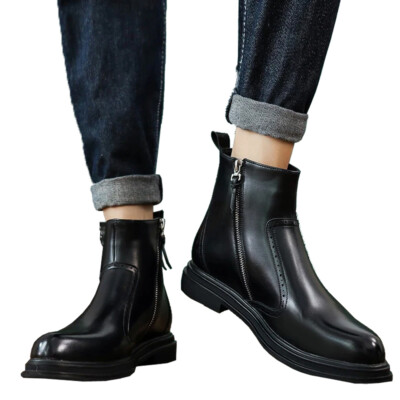 Handmade Men Leather Boots Casual Zipper Chelsea Black Ankle