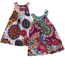 Baby Girls Sleeveless Floral Dress Round Neck Bohemian Print Sundress 2-7 Years