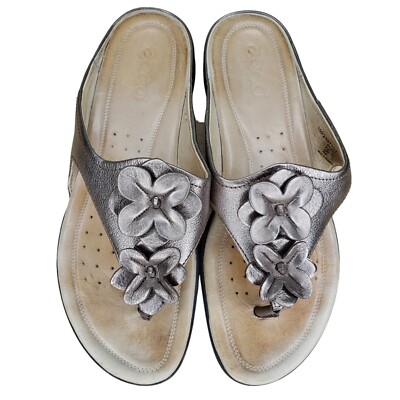 Ecco Thong Sandals Womens 39 US 8-8.5 Bronze Leather Comfort Flower Flip Flop
