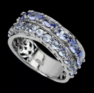 Natürlicher ovaler Tansanit 5 x 3 mm 14 K Weißgold Platte Sterlingsilber Ring 9