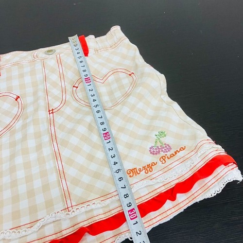 Mezzo Piano Denim Skirt 120 Size Light Brown Plaid Heart Red Frill Cherry Rare - Picture 17 of 24