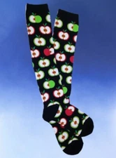 NWT Crisp Red Delicious & Green Apples on Black Women's Knee High Novelty Socks 
