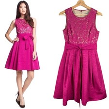 Eliza J Pink Fit & Flare Dress Lace Belted Bow Womens SIZE 2 Barbie Formal Knee