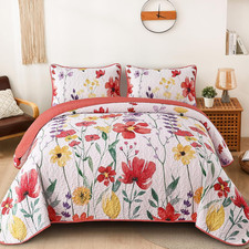 Floral Quilt Set Queen Size, Red Bedspread 3 Pieces Botanical Flower Bedding Set