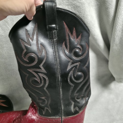 Men’s 11 Western Cowboy Boots Ostrich Red Leather Black Flame Stitch Rodeo - Picture 7 of 11