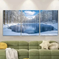 3pcs Snowy Woodland Forest with Frozen Lake F Wall Art Canvas Framed 50x70cm