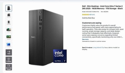 Dell Slim Desktop Intel Core Ultra 7 Series 2 265 16GB RAM 1TB SSD Black