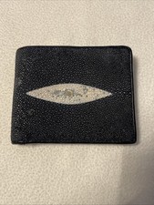 Genuine Stingray Skin Mens Black Leather Bi-fold Wallet Black Liner.