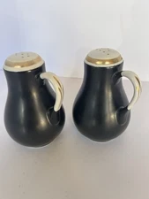 RARE HALL CHINA SALT & PEPPER SHAKERS BLACK, WHITE & GOLD TRIM  Aladdin Style 5"
