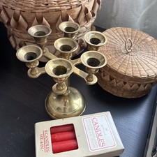 Vtg 7 Arm Brass Candelabra With Vtg Candles 4x5