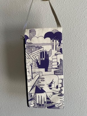 Geoff McFetridge artwork printed pouch with metallic leather strap