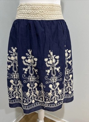 Anthro Andi+James Boho Embroidered Midi Skirt Blue Cream Floral Sz L