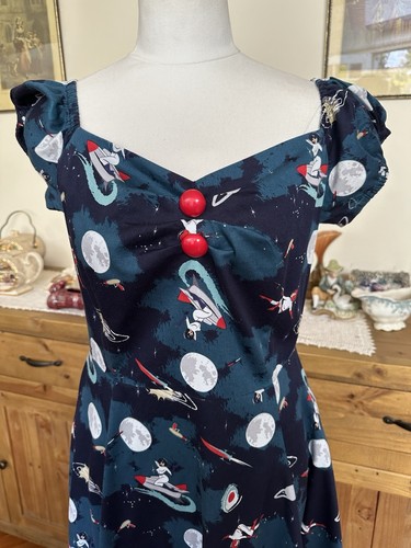 Collectif Sz 12 Green Atomic Space Swing Dress Retro Vintage Style Rockabilly - Picture 2 of 10