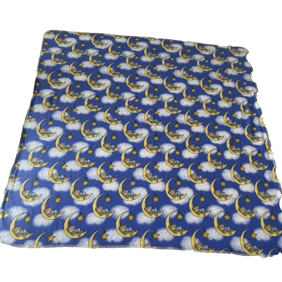 Handmade Blue Moon Bear Receiving Blanket Flannel Blue Yellow White Brown Cotton - Image 2 of 4
