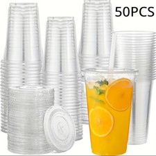 50 Sets Clear Plastic Cups with Lids for Iced Coffee Smoothies Drinks