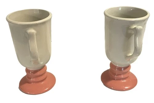 Vintage 2 Irish Coffee Pedestal Mugs Cups White and Pink Hall #1273 Made in USA