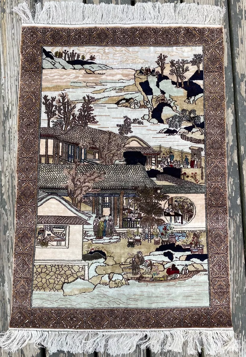 Antique Rare Handmade 100% Silk Chinese Art Deco Pictorial Fine Rug/Tapestry,2x3