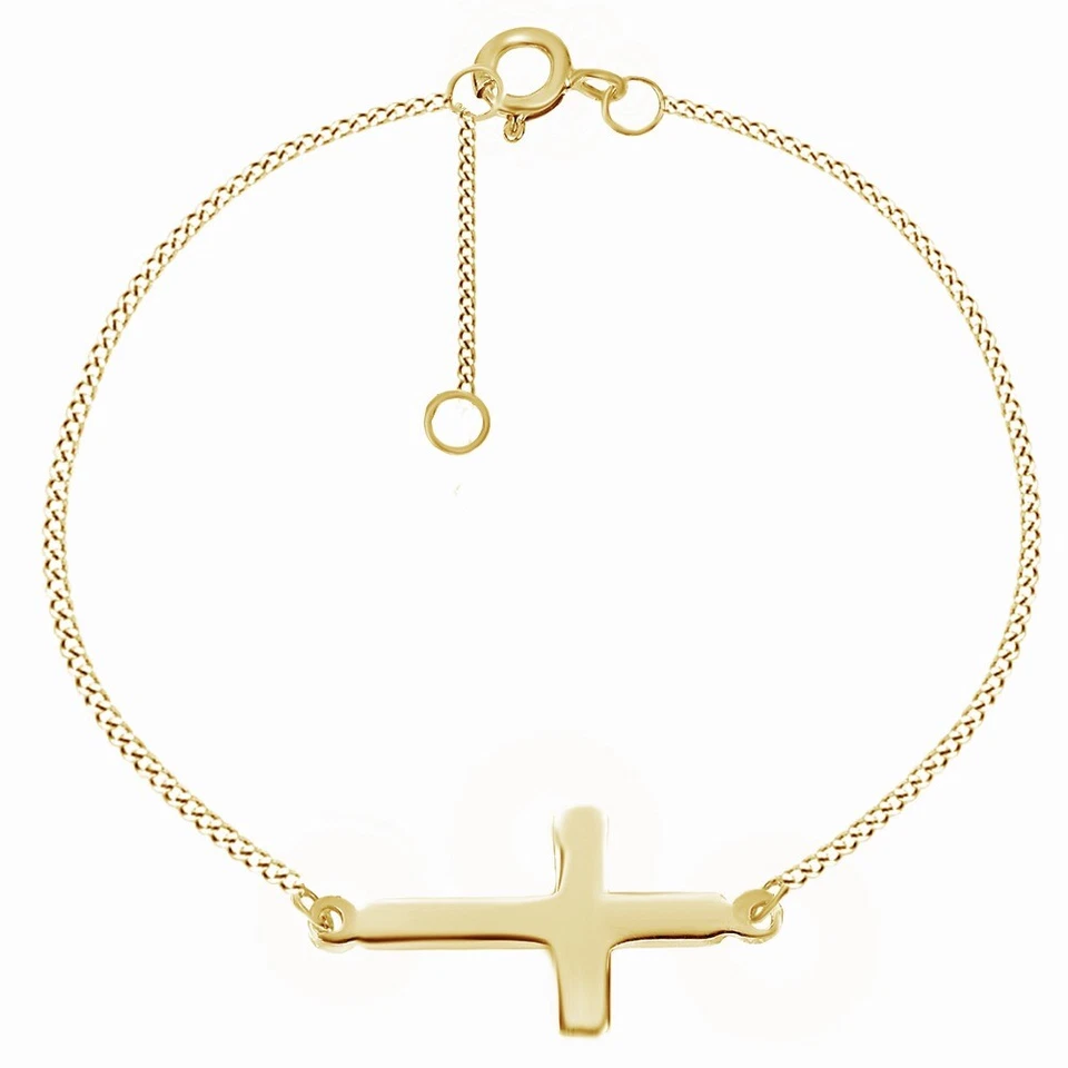 Brazalete de moda de plata de ley enchapado en oro amarillo de 14K con cruz lateral religiosa Foto 3 de 4