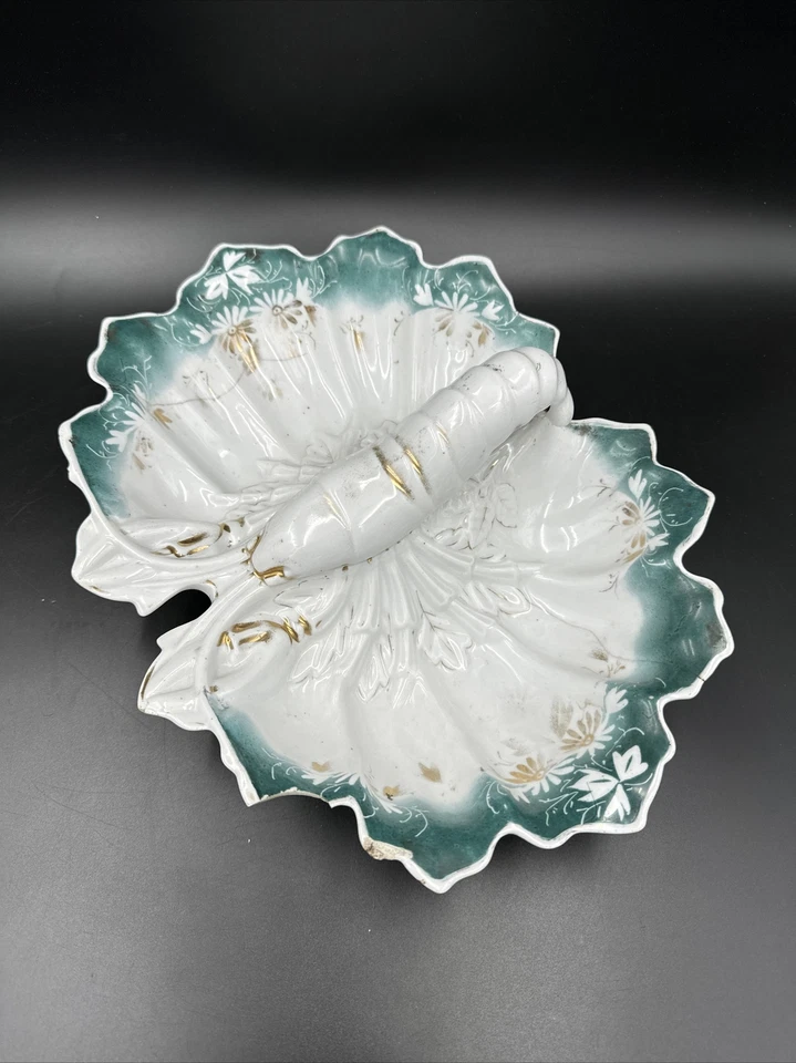 Antiguo J.S. Plato de servir dividido langosta blanca, verde y dorada de porcelana alemana Foto 2 de 4