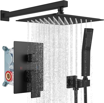 Bathroom Rainfall Shower Faucet System Matte Black 16'' Shower Head W/Hand Spray
