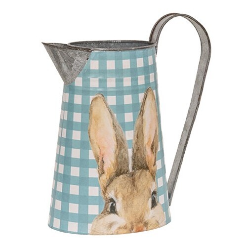 NEW PRIMITIVE FARMHOUSE BUNNY PITCHER PEEKING BLUE WHITE Cottage 10.5 ...
