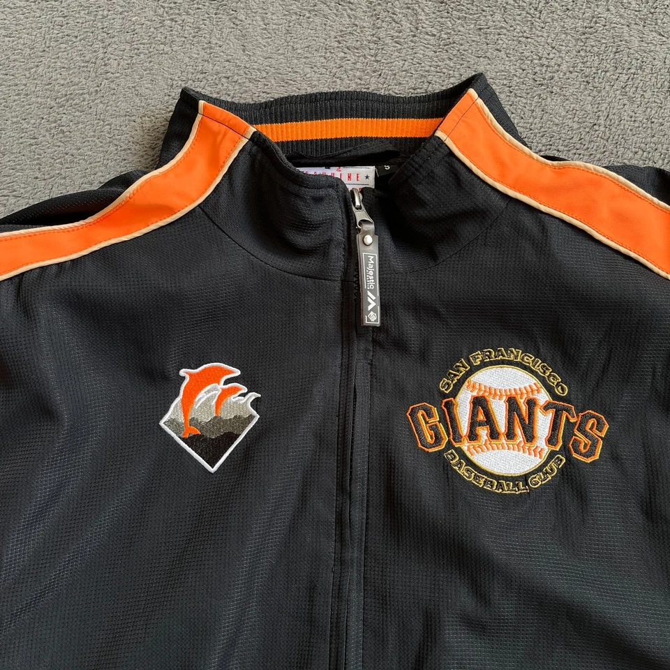Chaqueta deportiva Majestic Athletic rosa + delfín negra naranja para hombre talla S Foto 3 de 4